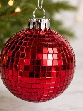 Vintage Red Mirror Ball Ornament 3” Mosaic Disco Christmas Decor